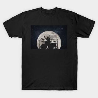 Drummer Playing Drums In Moon Space Solar System T-Shirt